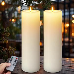 14" x 4" Large Outdoor Candles, Waterproof Flickering LED Flameless Candles with Timer, Battery Operated Candles with Remote Control Realistic Fake Pillar for Patio Porch Lanterns, White, Pack of 2 
