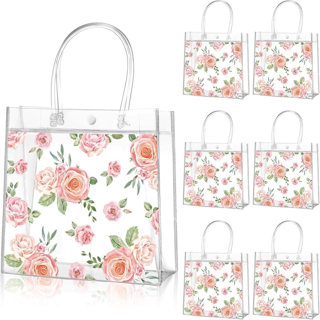 Aliceset 20 Pcs Mother's Day Clear Floral Gift Bags with Handles Flower Rose Party Goodie PVC Treat Bags for Tea Party Baby Shower Birthday Bridal Shower, 8 x 8 x 3.15 Inch