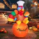 6 FT Thanksgiving Inflatable Turkey with LED Lights, Funny Chef Turkey Holding Burger Sitting on Pumpkin, Blow Up Yard Decoration for Outdoor, Fall Harvest & Holiday Party Decor