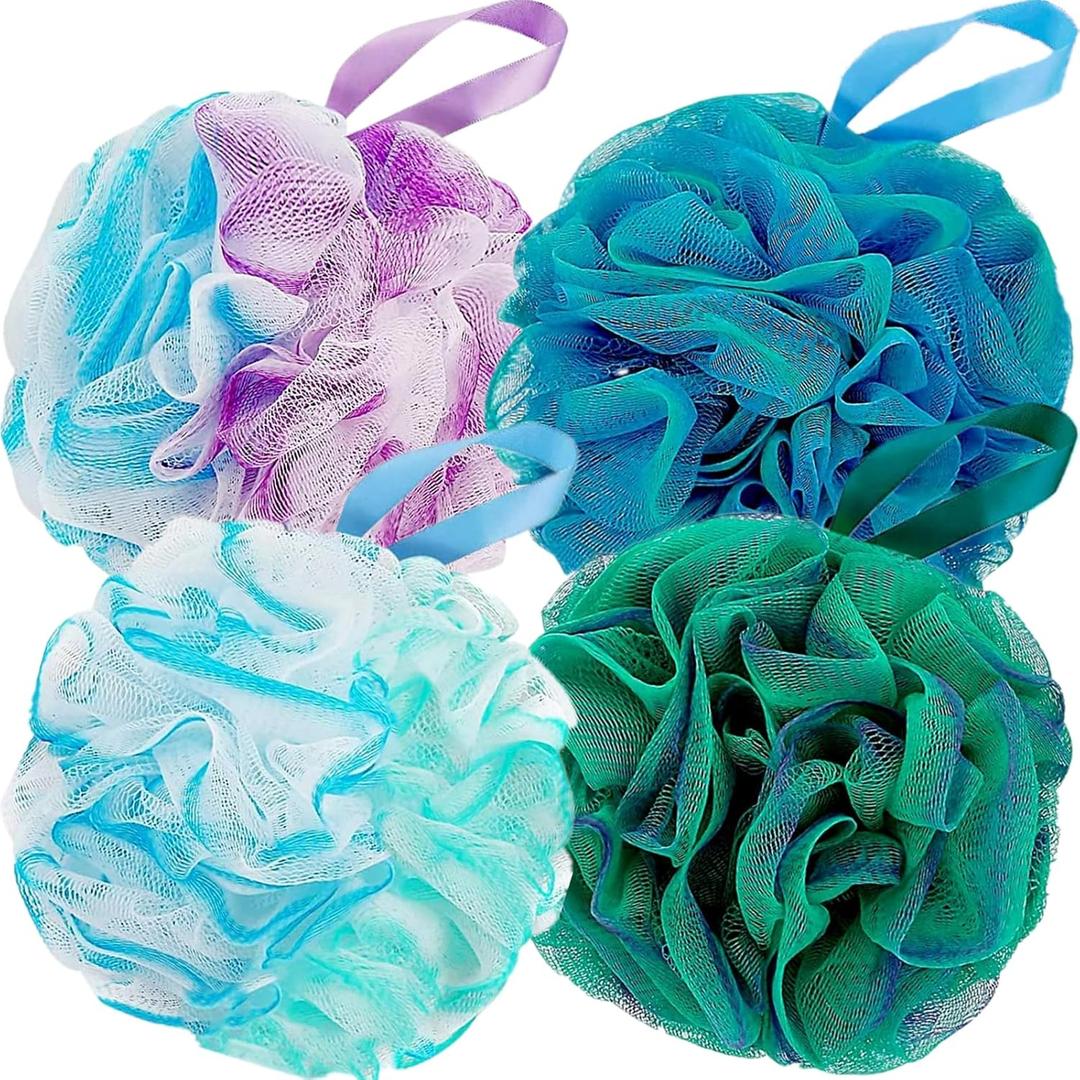Fu Store Loofah Sponge Shower Loofahs 60g Bath Sponges Mesh Balls 4 Colors for Body Scrubber Exfoliator Wash Back Scrubbers Bathroom Men Women - 4 Pack Cleaning Bathing Accessories (60g Green Blue)