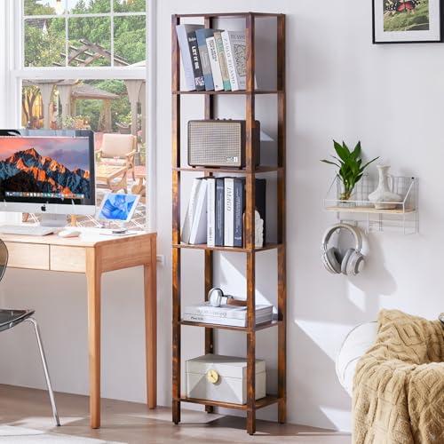 YUFAM 66in Tall Bookshelf 6-Tier Small Narrow Bookcase, Skinny Book Shelf for Small Space, Farmhouse Slim Shelf with Storage, Wood Freestanding Display Thin Bookshelves for Living Room, Office, Brown