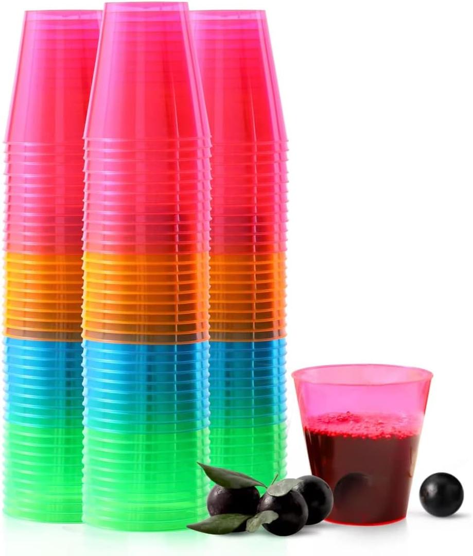 250 Pack 2oz Disposable Hard Plastic Cups Shot Glasses, Jello Cups, Iridescent Neon Birthday Christmas Party Supplies (Multicolor)