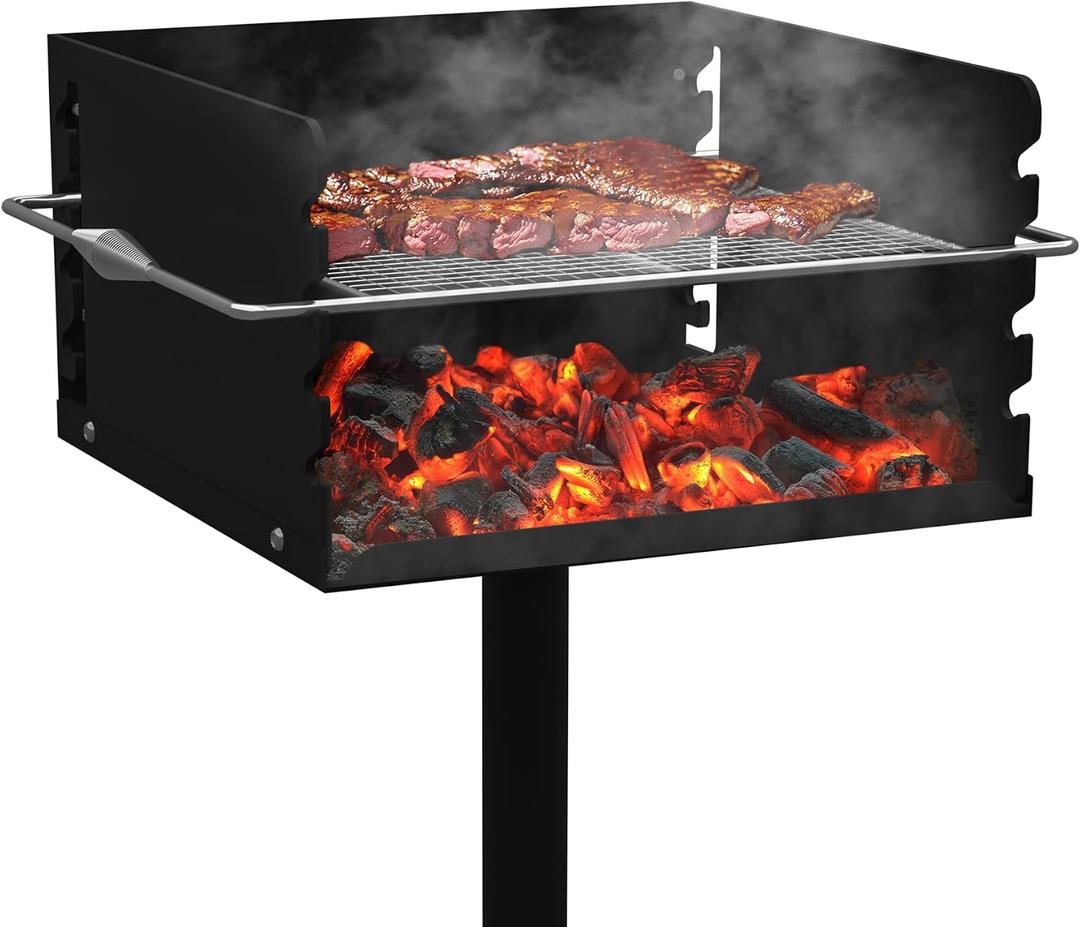 Park Grills, 256 Sq. In, Park Style Charcoal Grill, Heavy Duty In Ground Park Grill with Stainless Steel Cooking Grate and Cover for Commercial and Outdoor Cooking 16'' L x 16'' W x 8'' H