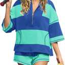 Panadila Women Striped Tracksuit Two Piece Outfit Workout Set Matching Lounge Set Top and Shorts Sets with Pockets(Blue Green, M)