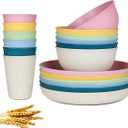18pcs Wheat Straw Dinnerware Sets, Unbreakable dish Set Reusable Plates, Bowls, and Cups Set dishes Dishwasher Microwave Safe for Kitchen Outdoor Travel Camping (Light Macron)