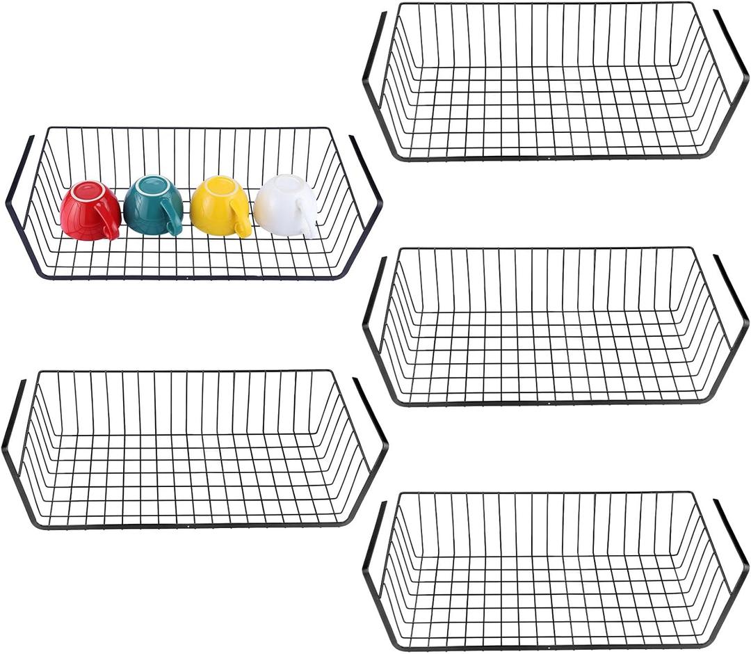 HOMOKUS 5 Pack Large Under Shelf Basket for Storage,Hanging Wire Basket Shelves,Under Cabinet Add-on Storage Racks,Slide-in Shelf Baskets Organizer for Kitchen Pantry Counter Desk Bookshelf (Black)