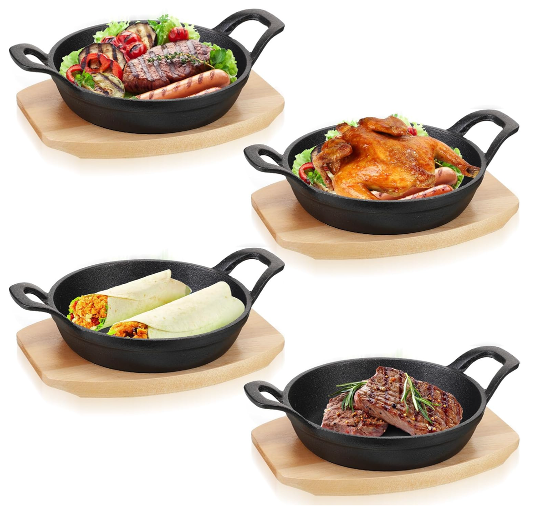 Sets Mini Cast Iron Skillet with Wooden Base Small Cast Iron Plates Skillet Round Fajita Plate Hot Steak Pot Dish for Kitchen Restaurant Barbecue(6.3 Inches)