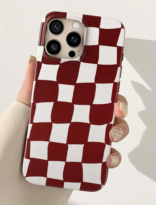 For iPhone 15 Pro Max Case 6.7 Inch, Trendy Checkered Aesthetic Cute Girly Design for Women & Girls, Checkerboard Pattern Phone Case, Slim Fit Silicone Protective Cover, Red and White