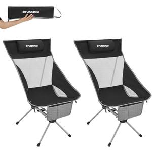 FUNDANGO High Back Camping Chair, 2 Pack Portable Folding Camp Chair for Adults with Headrest for BBQ Outdoor Lawn Hiking Fishing Picnicl (Black)