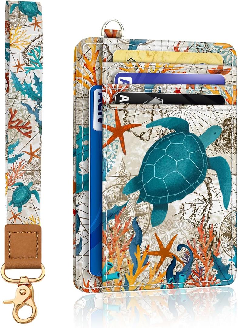 Sea Turtle Credit Card Holder Slim Wallet, RFID Wallet Women Front Pocket Wristlet Lanyard, Small Card Holder Travel Cute Thin ID Window PU Leather Funny Case Organizer Gifts Girls
