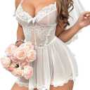 SOLY HUX Women's Lace Babydoll Lingerie Push Up Chemise Dress Bridal Boudoir Nightgown Nightwear (White, Large)