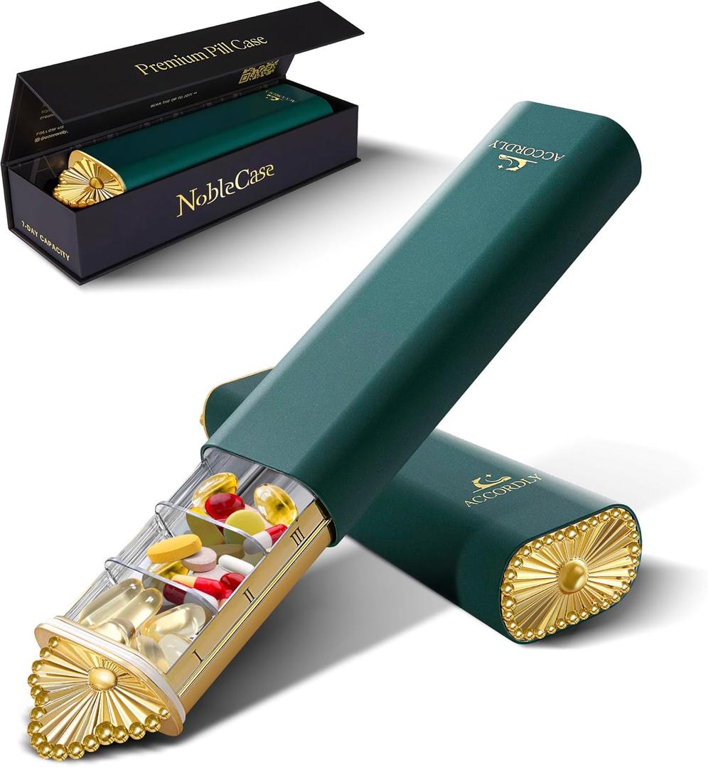 Premium Weekly Pill Organizer, 7-Day Compact Pill Case for Purse, Lightweight Gold Aluminum Pill Box for Vitamins, Medicine, Supplements, Luxury Wellness Gift (Emerald Royale (Green))