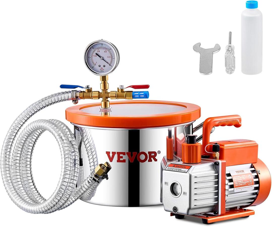 VEVOR 1.5 Gallon Vacuum Chamber and 3.5 CFM Pump Kit, Stainless Steel Chamber, Single Stage Vacuum Pump Degassing Chamber Kit, with Acrylic Lid, Oil, 4.92 ft Hose, for Degassing Resin Silicone Epoxies