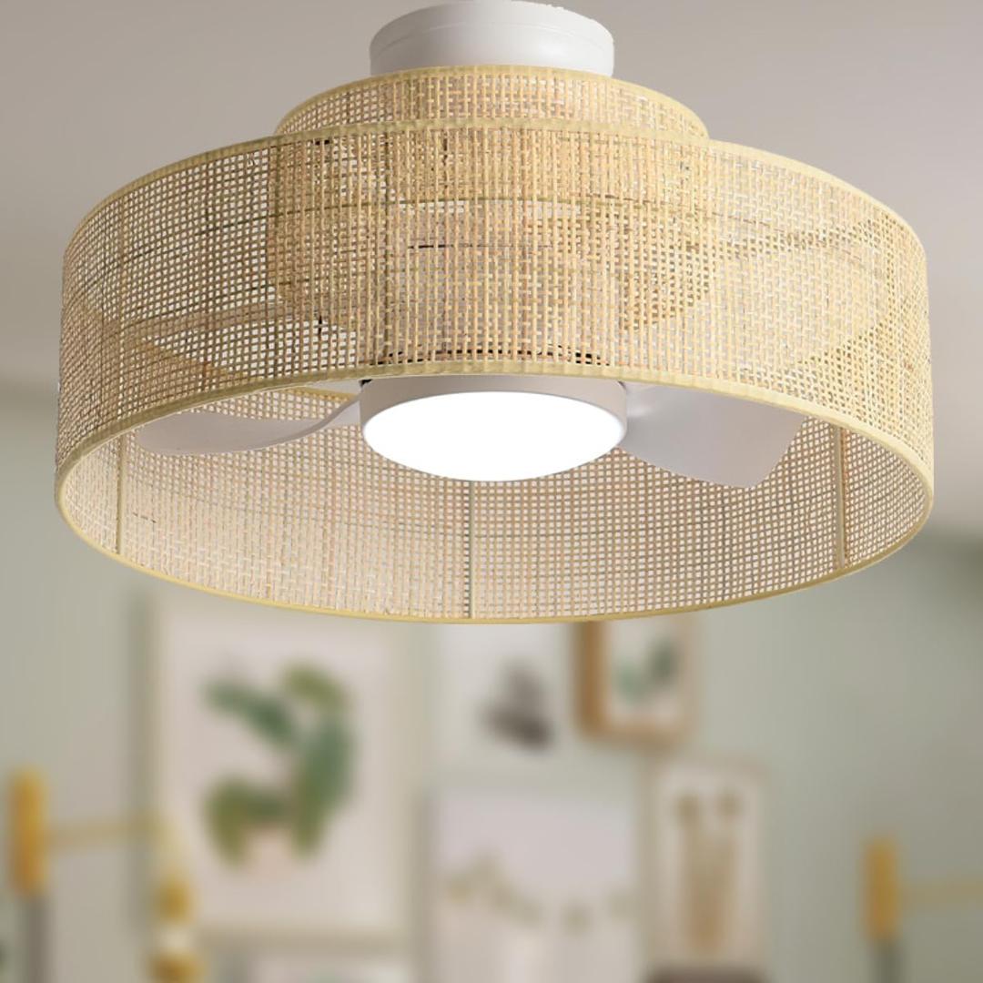 22 Bamboo DC Dimmable Ceiling Fan with Light and Remote Control,Boho Wooden Wicker Cage Rattan Bohemian Tropical Caged Wood Flush Mount Fandelier for Kitchen Indoor Bedroom