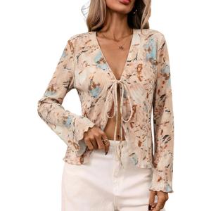 ZAFUL Women's Deep V Neck Tie Front Top Flare Sleeve Plisse Pleated Blouse Shirt Top Y2k Vintage Streetwear (0004-floral Khaki, Small)