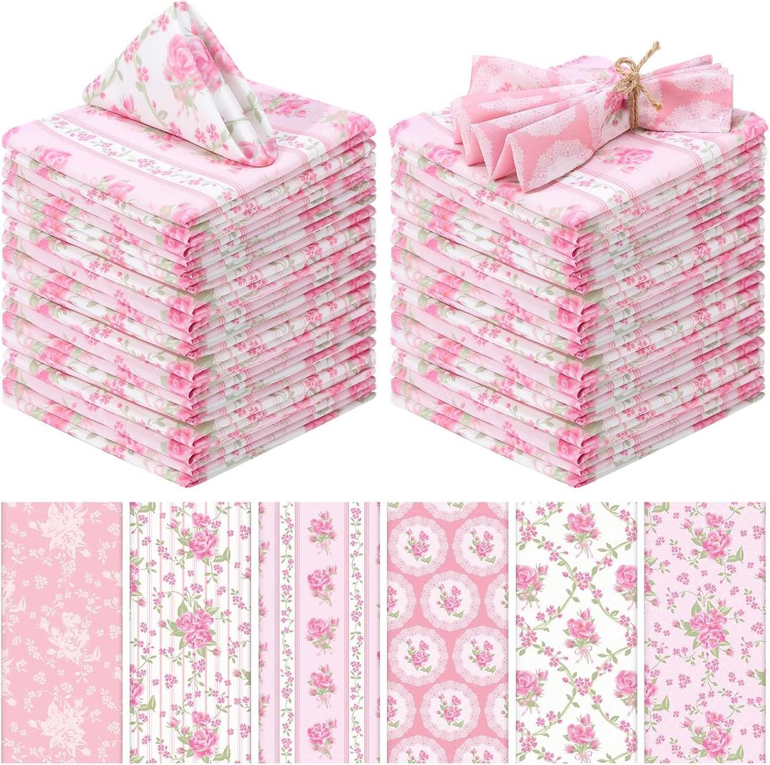24 Pcs Floral Cloth Napkins 6 Patterns Washable Dinner Tea Party Napkins Reusable Plant Flowers Square Napkin Cotton Towel Decorative for Summer Wildflower Party(Pink Flowers)