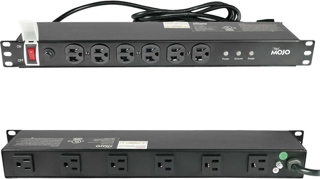 Tecmojo 1U Rackmount Network-Grade PDU Surge Protector Power Strip, 12 Outlets (6 Front, 6 Rear Wide Spaced) 12A 6ft Cord with 5-15P Lug - Black, UL Certified