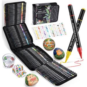 JusArt 72 Colors Acrylic Paint Markers Set with Canvas Bag, Dual Tips with Brush Tip & Fine Tip, No-Bleed, Waterproof, Non-Toxic & Odorless Adult Paint Pens for Rock, Egg, Wood, fabric, Glass, DIY