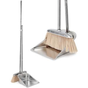 VOOWO Broom and Dustpan Set for Home, Stainless Steel Broom and Dustpan Set with Long Handle, Heavy Duty Dustpan Broom Set Standing Dust Pan Kitchen and Home Indoor Outdoor Broom