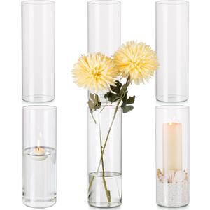 Hewory Glass Cylinder Vases Set of 6, Hurricane Candle Holders for Pillar or Floating Candles, Tall Clear Vase for Centerpieces, Round Vases for Wedding Anniversary Events Home Table Decor, 9.8in (D3.3" x H9.8")
