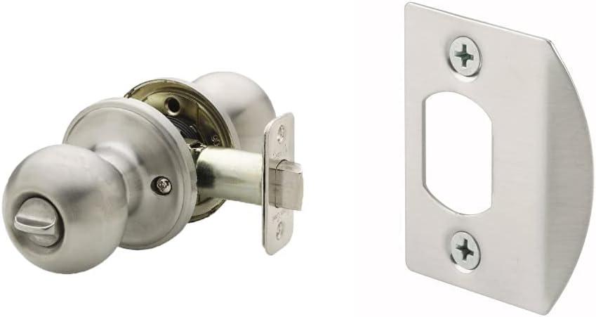 Copper Creek BK2030SS Ball Door Knob, Privacy Function, 1 Pack, Satin Stainless & Prime-Line E 2457 Satin Nickel, Dead Latch Door Strike (2 Pack)
