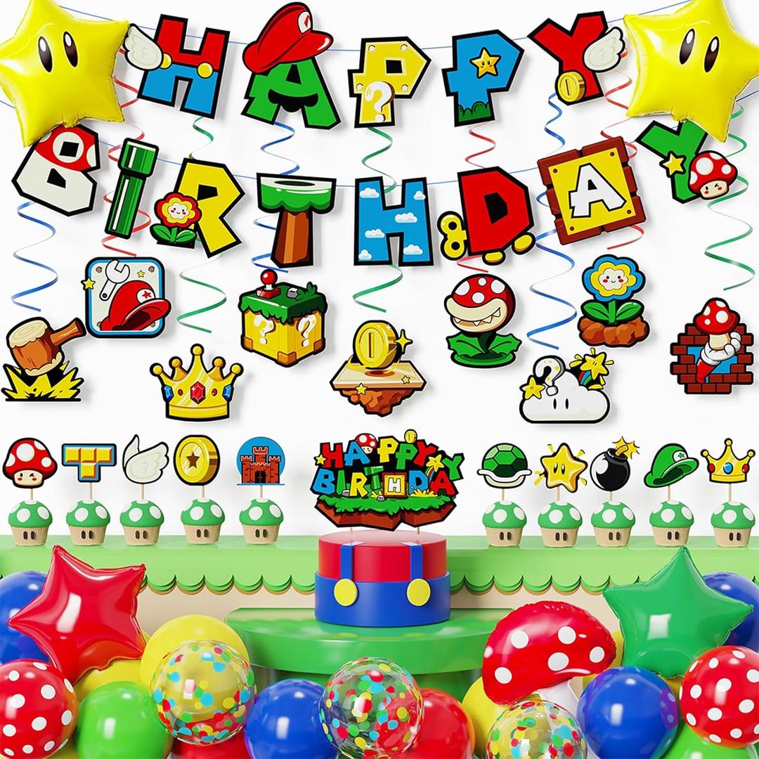 Game Bro Theme Birthday Party Decorations Set, Banner, Balloons, Hanging Swirls, Cake Toppers Colorful Graphics for Gaming Fans Game Theme Birthdays and Adventures