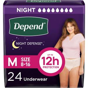 Depend Night Defense Adult Incontinence & Postpartum Bladder Leak Underwear for Women, Disposable, Overnight, Medium, Blush, 24 Count, Packaging May Vary