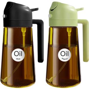 YARRAMATE 2PCS 16oz/470ml Oil Sprayer for Cooking with Stickers, Food-Grade 2 in 1 Olive Oil Dispenser Bottle for Kitchen, Premium Dark AmberGlass Oil Bottle for Air Fryer, BBQ (Black & Green)