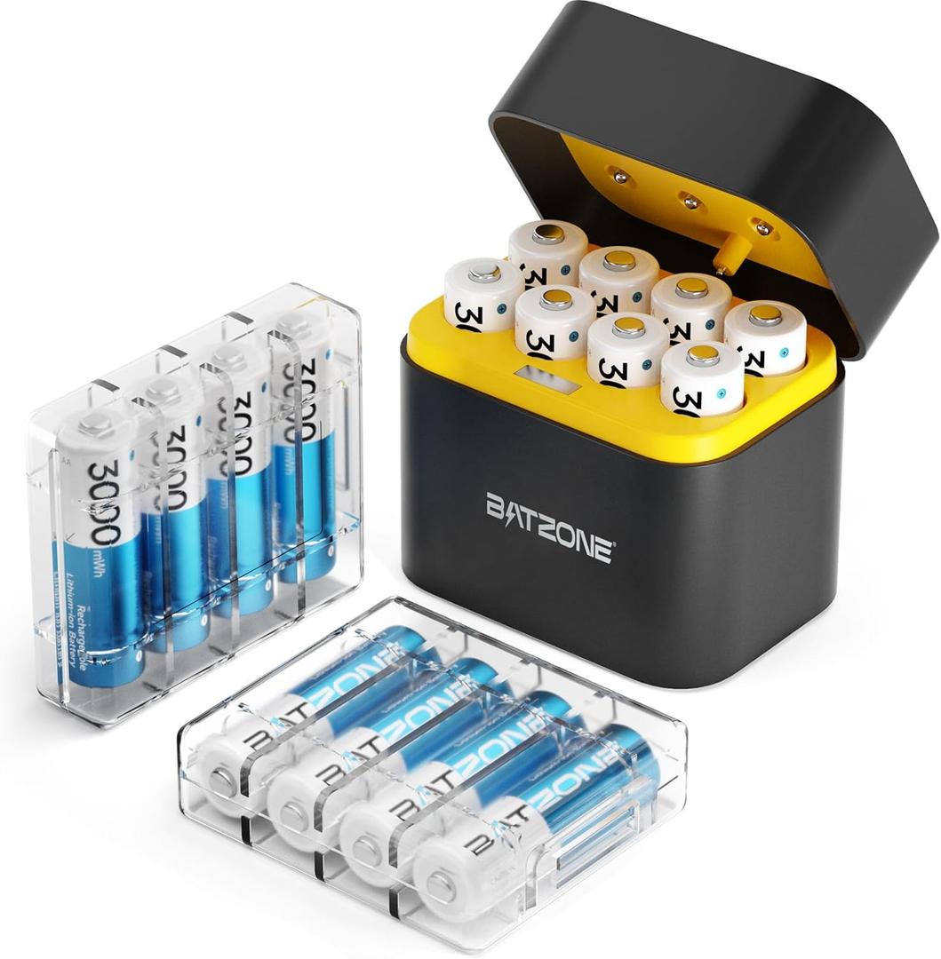 Rechargeable aa Batteries Lithium 16 Pack with Fast Charger,1.5V 3000mWh High Capacity aa Lithium Batteries,Constant Output Li-ion Double a Batteries Cycle Times up to 1600x (Charger+16Pack)
