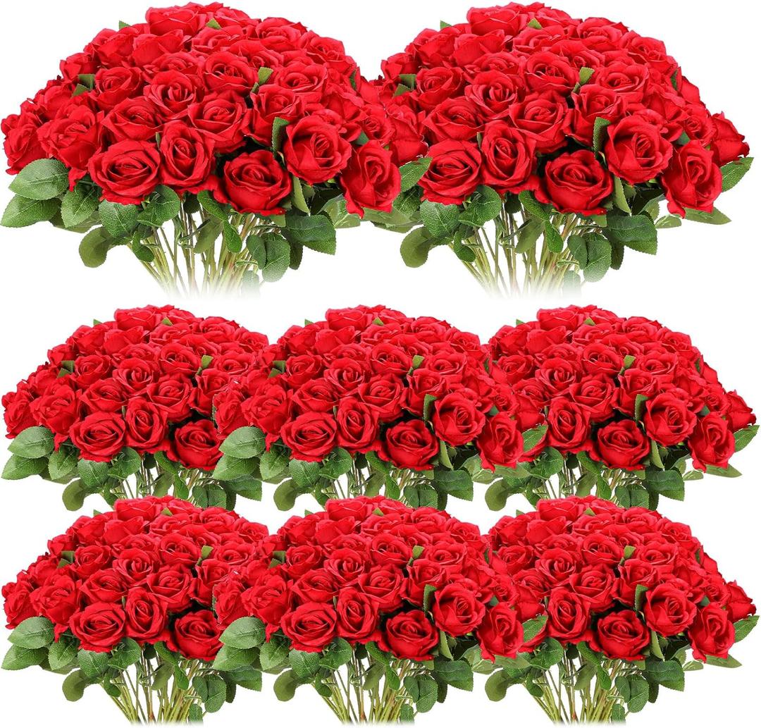 Hotop 80 Pcs Rose Artificial Flowers Bulk with Long Stem, Silk Roses Realistic Fake Flowers Bouquet for Wedding Table Centerpieces Bridal Shower Party Home Decorations(Red)