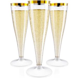 JOLLY CHEF 36 Count Plastic Champagne Flutes 4.5 oz Gold Rim Clear Disposable Toasting Glasses
