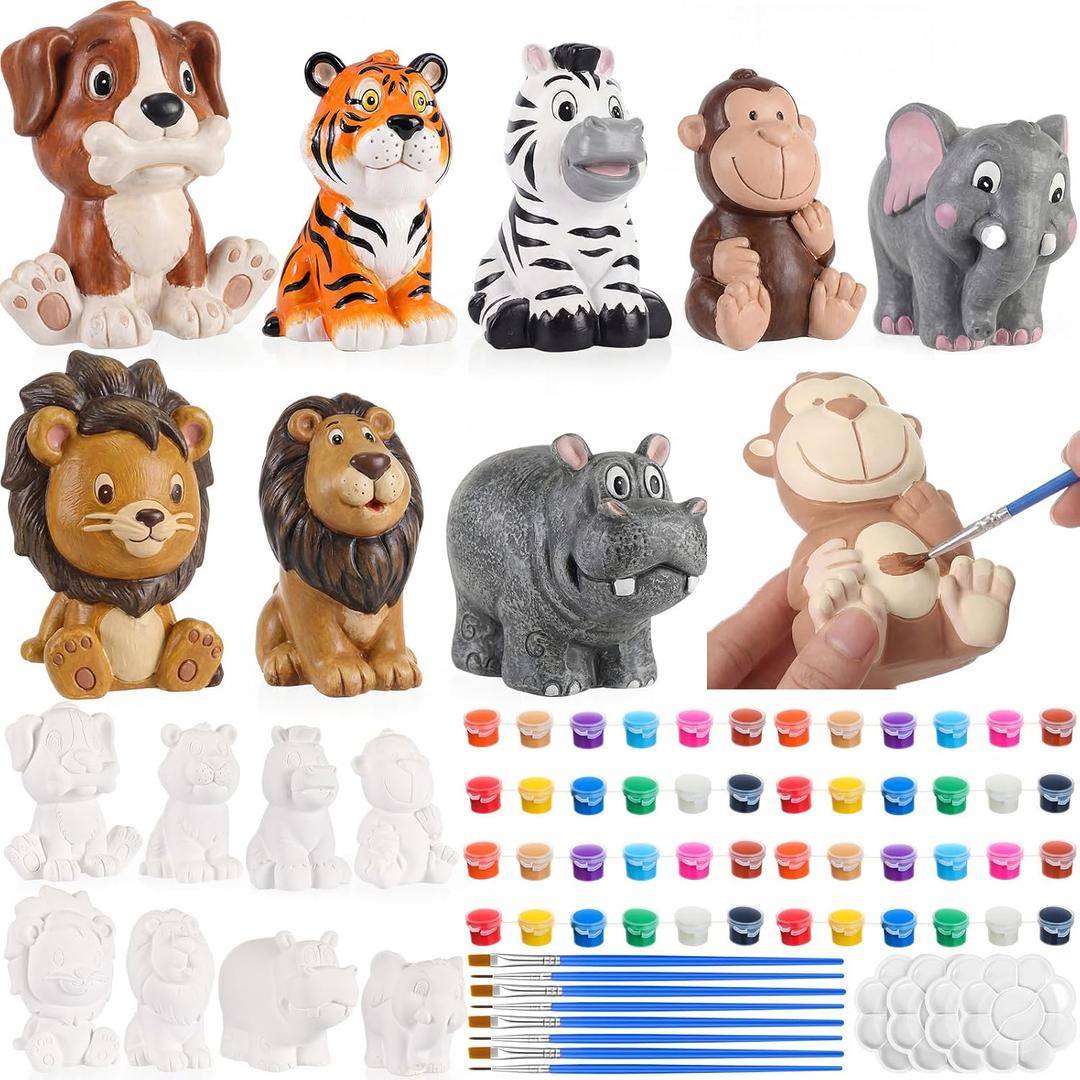 Zubebe 24 Pcs 3D Jungle Animals Ceramic Painting Kit DIY Safari Ceramics to Paint Your Own Animal Figurines Unpainted Plaster Arts Craft with Brush Palette Paint for Adults Birthday Party Favor Gifts