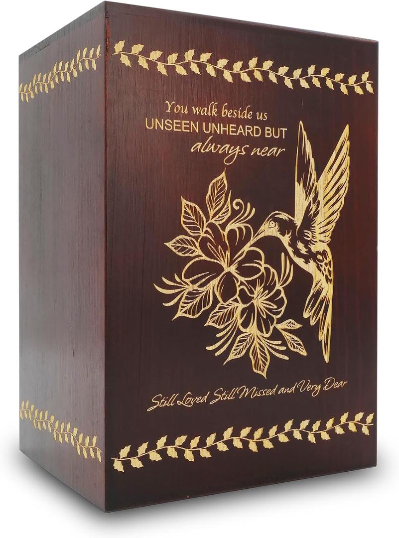 Wood Cremation Urns for Human Ashes Adult Female Male, Wooden Urns Box and Casket for Men Women, Funeral Decorative Urn for Adults Up to 200 lbs (Large, Hummingbird)