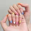 4 x Handmade Rainbow French Tip Press on Nails Medium Almond - Colorful Edge Design, Sheer Nude Glossy Reusable False Nails for Summer (Colorful Nude French,M)