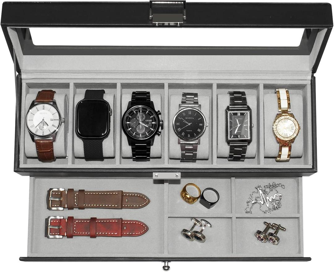 Watch Box for Men 6 Slot,Double Layer Mens Watch Case Display Organizer with Real Glass Top,Large Holder for 50mm Watches,PU Leather Jewelry Drawer Storage Valet Tray for Men,Black