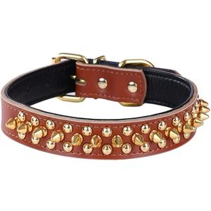 Serijoars Adjustable Genuine Leather Spiked Studded Dog Collars for Small Medium Large Pets/Pit Bull/Bulldog/Pugs/Husky (M, Brown)