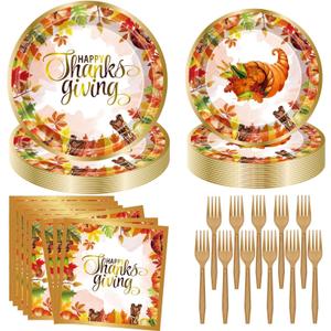 Thanksgiving Party Decorations Fall Party Supplies 96 PCS Fall Thanksgiving Disposable Dinnerware Set with Maple Leaves Gold Paper Plates Napkins and Forks for Harvest Celebrations