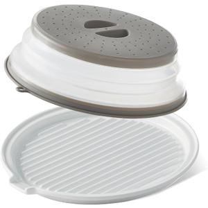 ONEMORE Microwave Bacon Tray with Lid Ceramic Bacon Cooker Meat Rack for Oven Cooking Crispy Bacon Maker with Cover - 11 inch Round Bacon Dish Plate, White