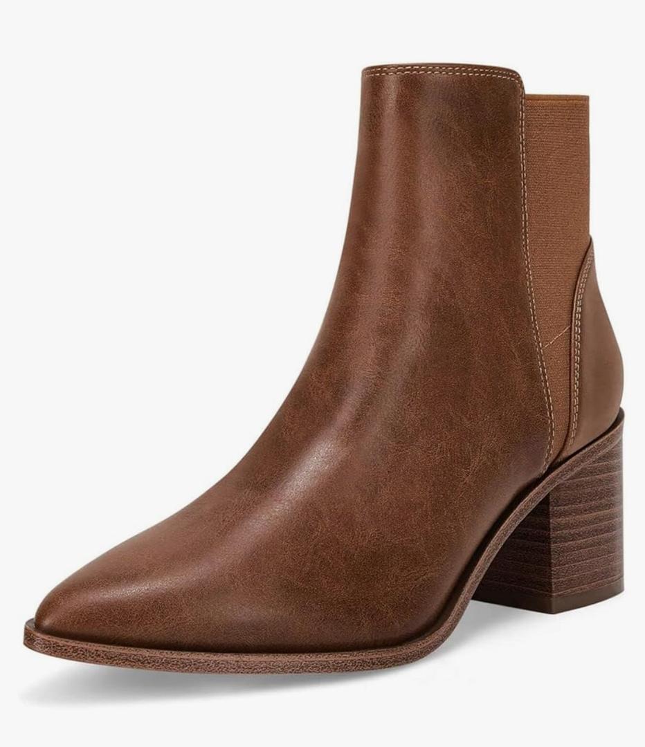 ZBY Womens Pointed Toe Ankle Boots Elastic Chunky Block Stacked Mid Heel Slip On Chelsea Booties 8.5