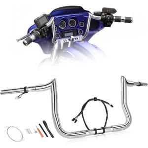 Pre-Wired 1 1/4" Fat 12" Rise Ape Hangers Handlebars Fit for Harley Touring Miter Cut Street Glide/Electra Glide/Ultra Limited 2014-2023, 1" Clamp Meathook Monkey Bar (Chrome)