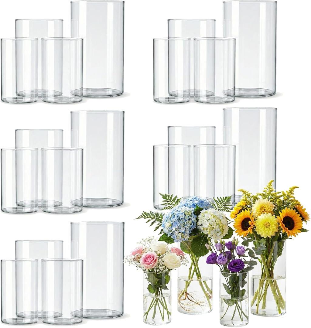 24pcs Glass Cylinder Vases for Centerpieces,Clear Flower Vases for Wedding Decorations and Indoor Home Decor, Hurricane Candle Holder for Table Shelf, Party