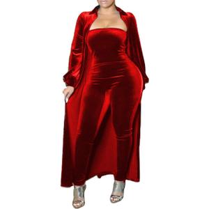 Remelon Womens Sexy Velvet 2 Piece Outfits Long Sleeve Cardigan Tube Off Shoulder Bodycon Party Jumpsuits Set Clubwear (Medium, Red)