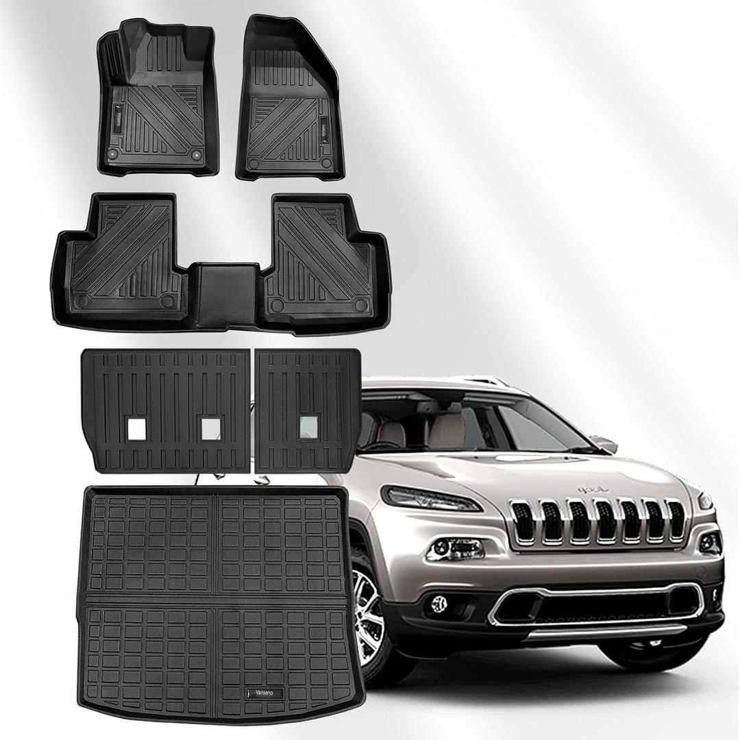 Vanseno Floor mats & Cargo Liners and Backrest Mat Compatible for 2014-2023 Jeep Cherokee (No Latittude) Full Set Mat All Weather Rubber Mats (Rear Trunk Mat+Backrest Mat+Floor Mat) Vanseno Floor mats & Cargo Liners and Backrest Mat Compatible for 2014-2023 Jeep Cherokee (No Latittude) Full Set Mat All Weather Rubber Mats (Rear Trunk Mat+Backrest Mat+Floor Mat)