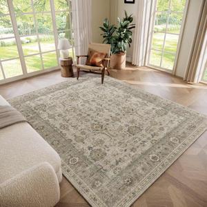 Washable 6x9 Area Rugs for Living Room, Boho Non-Slip Vintage Distress Large Rugs for Bedroom Dining Room Nursery Office, 0.3" Neutral Oriental Throw Thin Carpet, Flaxen/Multi, B2