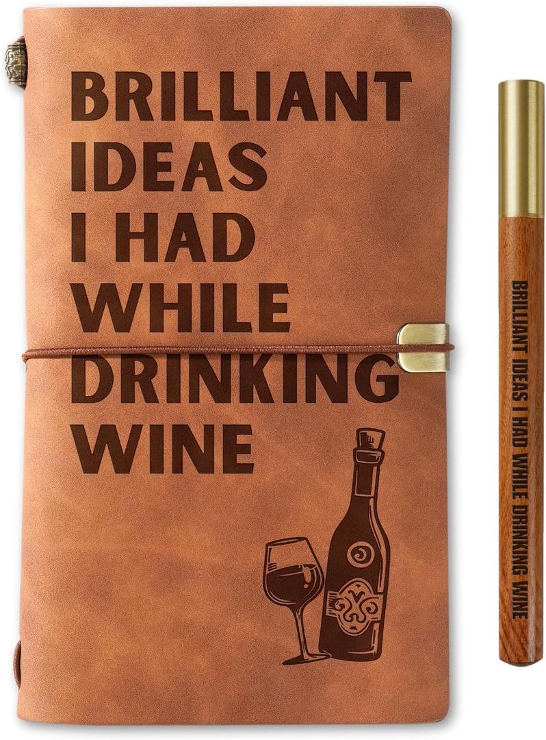 InnoBeta Wine gifts Leather Journal Notebook with Pen, for Wine Lovers, Men, Women on Birthday, Refillable Sketchbook, Travel Diary, Lined Planner, 7x5 Inches, Brown