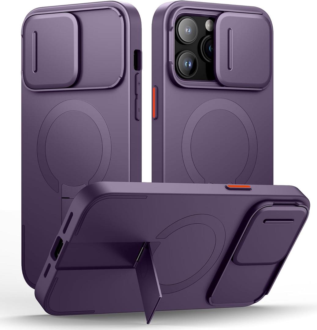 SURITCH for iPhone 14 Pro Max Case with Magnetic Camera Slide Cover and Adjustable Kickstand, Compatible with MagSafe, Shockproof Bumper Case Slim Protective Cover 6.7 Inch, Dark Purple