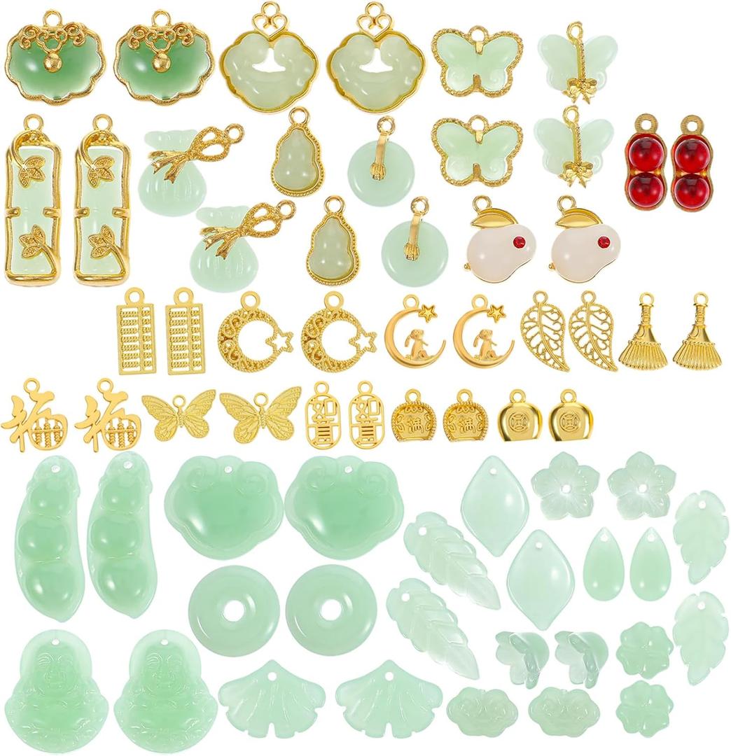 Green Inlaid Imitation Jade Beads Gold Alloy Pendants Accessories Assorted Shaped Loose Bead