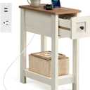 VASAGLE Farmhouse End Table with Storage Drawer, Narrow Side Table with Charging Station, Nightstand, Easy Assembly, for Living Room, Bedroom, Honey Brown and Rustic White ULET328W01
