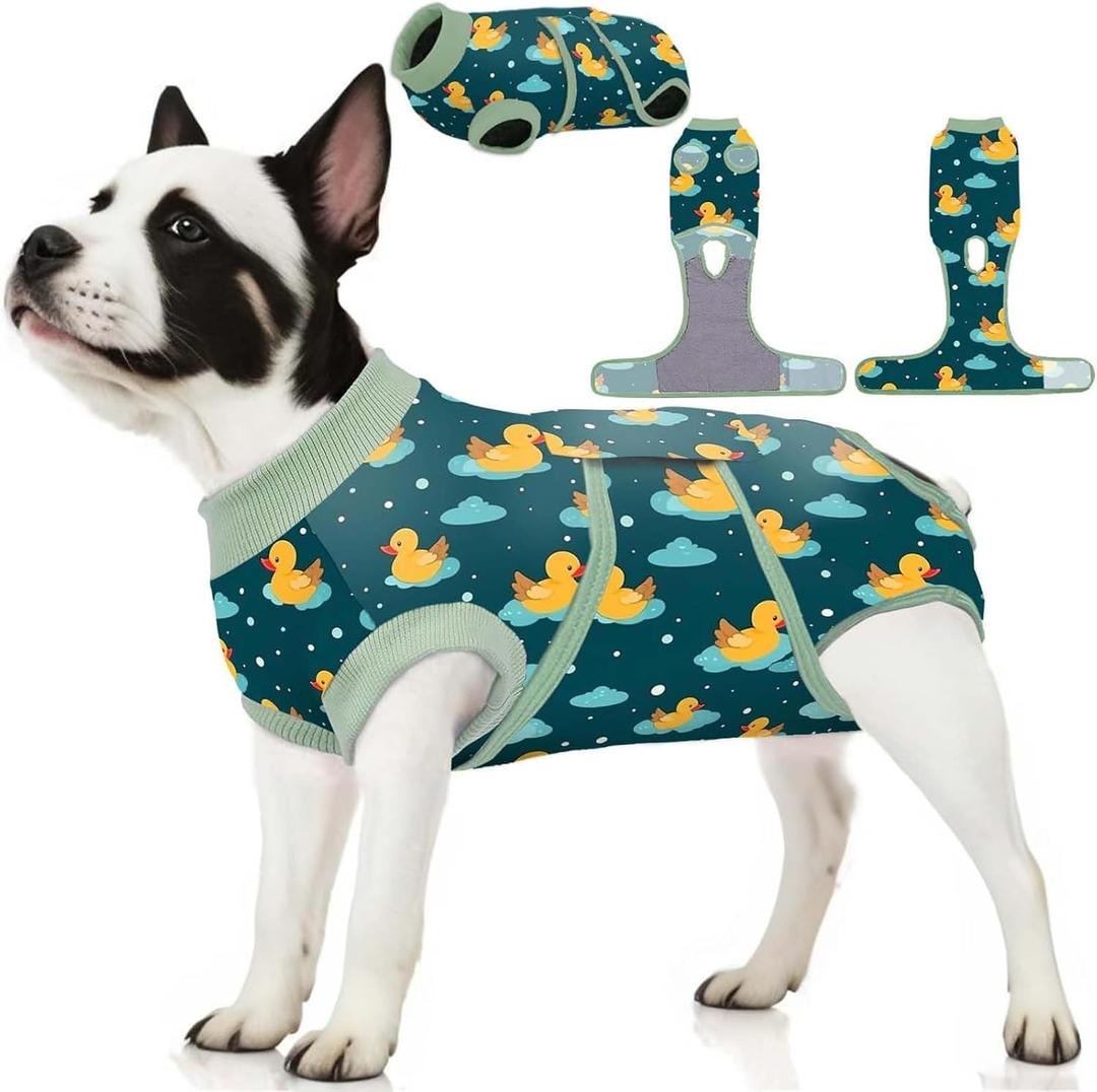 PetWarm Dog Recovery Suit, Surgical Suit for Dogs, Dog Bodysuit for Sensitive Skin Areas, Professional Shirts for Dogs Abdominal Affected Areas Bandages, Duck Pattern, Green, L