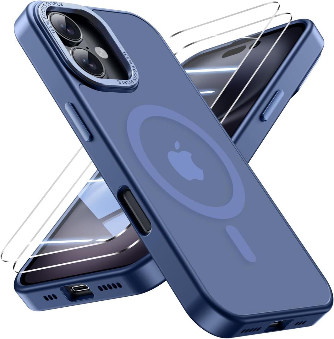 for iPhone 16 Case with 2X Screen Protectors [Compatible with MagSafe] Military Grade Drop Protection Skin Feeling Back Cover Shockproof Slim Fit iPhone 16 Phone Case 6.1 inch, Blue